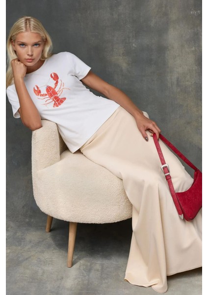 Kadın Kadın Bisiklet Yaka Kısa Kollu Önü Baskılı Pamuklu T-Shirt Çok Renkli