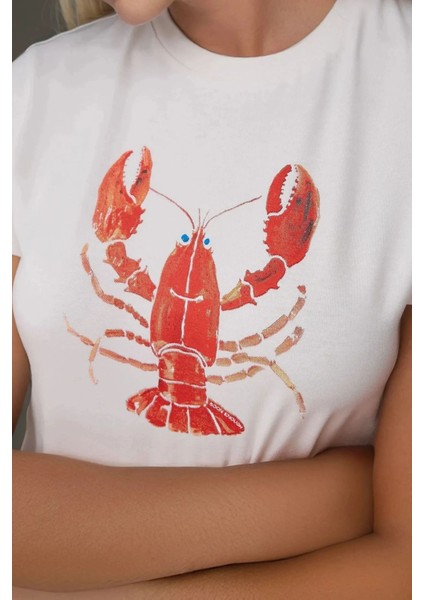 Kadın Kadın Bisiklet Yaka Kısa Kollu Önü Baskılı Pamuklu T-Shirt Çok Renkli