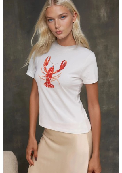 Kadın Kadın Bisiklet Yaka Kısa Kollu Önü Baskılı Pamuklu T-Shirt Çok Renkli