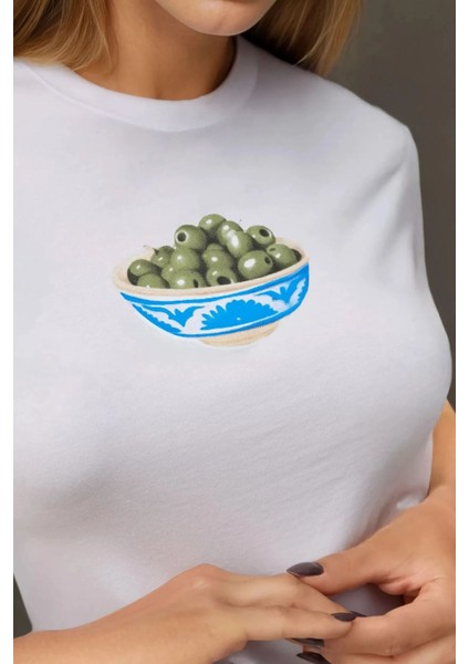 Kadın Kadın Bisiklet Yaka Kısa Kollu Önü Baskılı Pamuklu T-Shirt Tozlu Beyaz