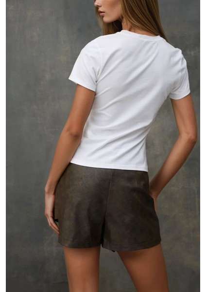 Kadın Kadın Bisiklet Yaka Kısa Kollu Önü Baskılı Pamuklu T-Shirt Tozlu Beyaz