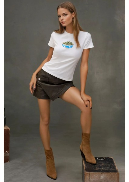 Kadın Kadın Bisiklet Yaka Kısa Kollu Önü Baskılı Pamuklu T-Shirt Tozlu Beyaz