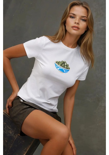 Kadın Kadın Bisiklet Yaka Kısa Kollu Önü Baskılı Pamuklu T-Shirt Tozlu Beyaz