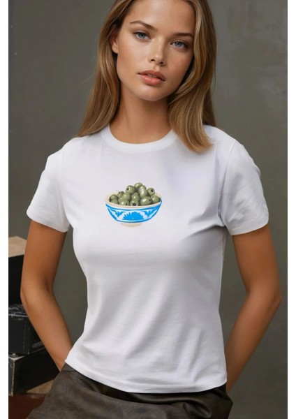 Kadın Kadın Bisiklet Yaka Kısa Kollu Önü Baskılı Pamuklu T-Shirt Tozlu Beyaz