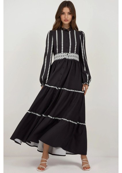 Kadın Çiçekli Tippet Uzun Elbise Black