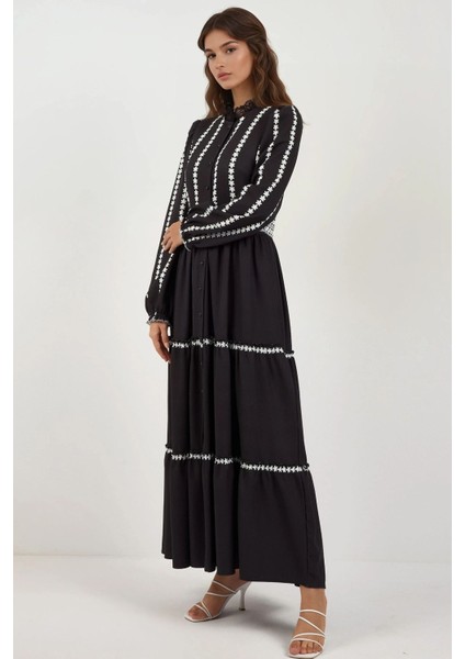 Kadın Çiçekli Tippet Uzun Elbise Black