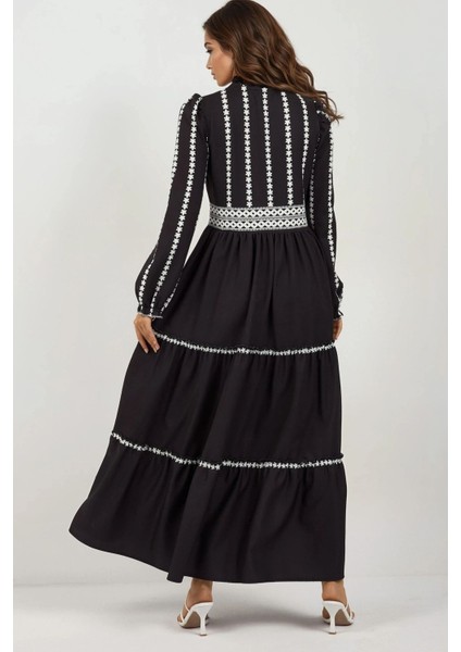 Kadın Çiçekli Tippet Uzun Elbise Black