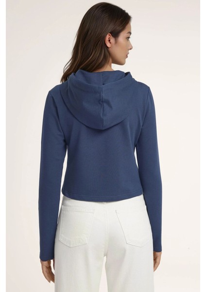 Kadın Kapüşonlu Fermuarlı Sweatshirt Blue