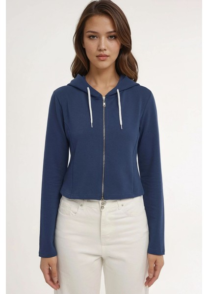 Kadın Kapüşonlu Fermuarlı Sweatshirt Blue
