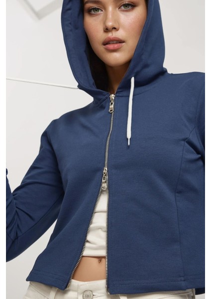 Kadın Kapüşonlu Fermuarlı Sweatshirt Blue