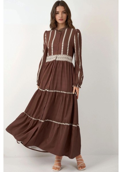 Kadın Çiçekli Tippet Uzun Elbise Brown