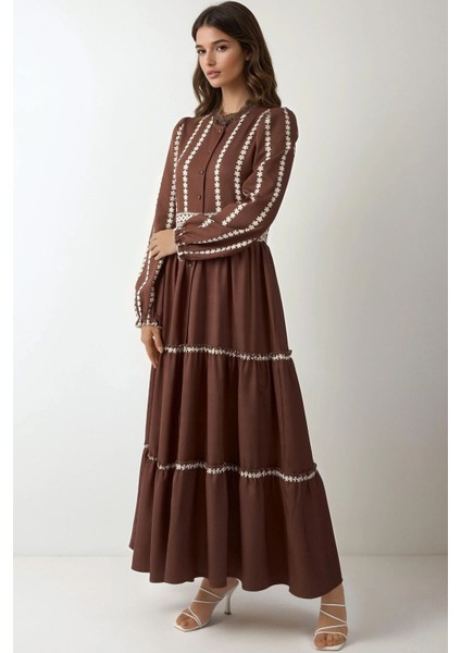 Kadın Çiçekli Tippet Uzun Elbise Brown