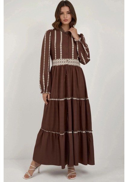 Kadın Çiçekli Tippet Uzun Elbise Brown