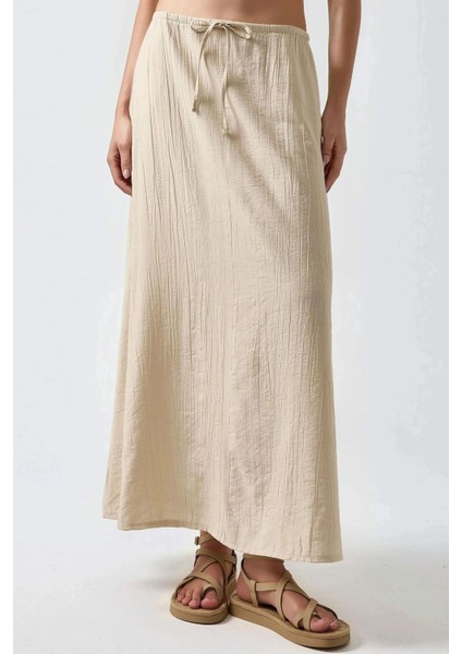 Kadın Yüksek Bel Dokulu Uzun Etek Natural