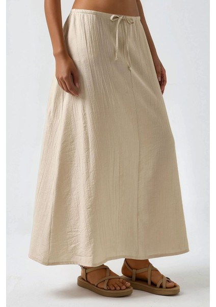 Kadın Yüksek Bel Dokulu Uzun Etek Natural