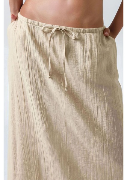 Kadın Yüksek Bel Dokulu Uzun Etek Natural