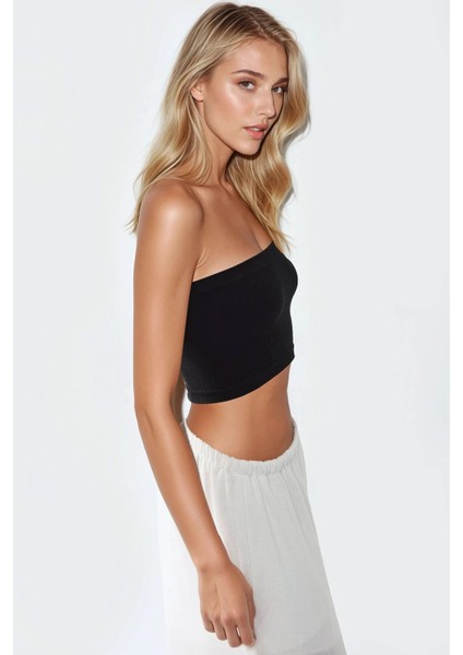 Kadın Slim Fit Straplez Kısa Üst Siyah