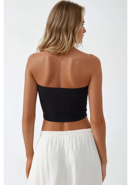 Kadın Slim Fit Straplez Kısa Üst Siyah