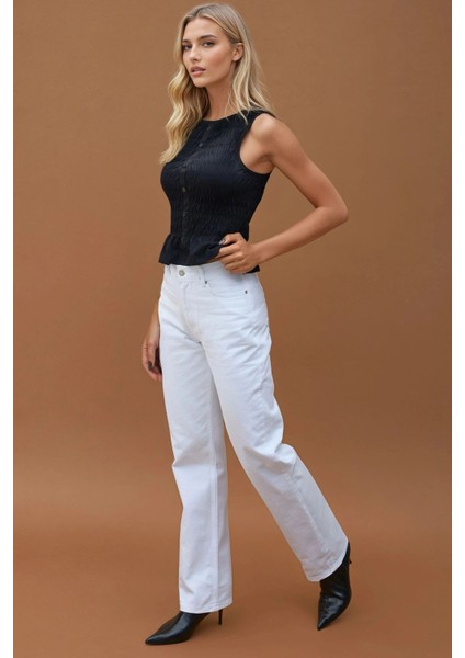 Kadın Yüksek Bel Straight Fit Jeans Beyaz