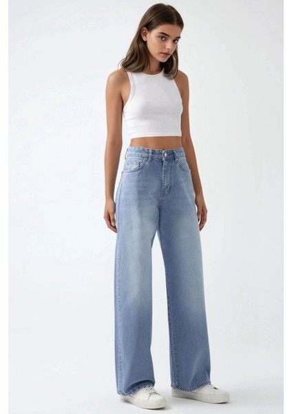 Kadın Baggy Kalıp Denim Jeans Açık Mavi Denim indirimleri