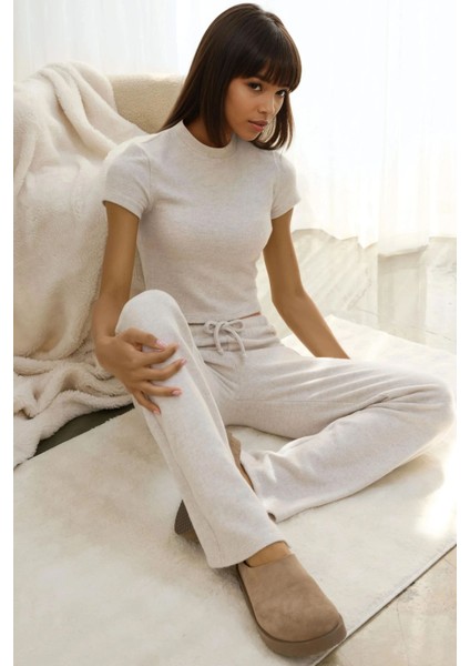 Kadın Bağcıklı Yumuşak Dokulu Örme Pantolon Krem Doğal