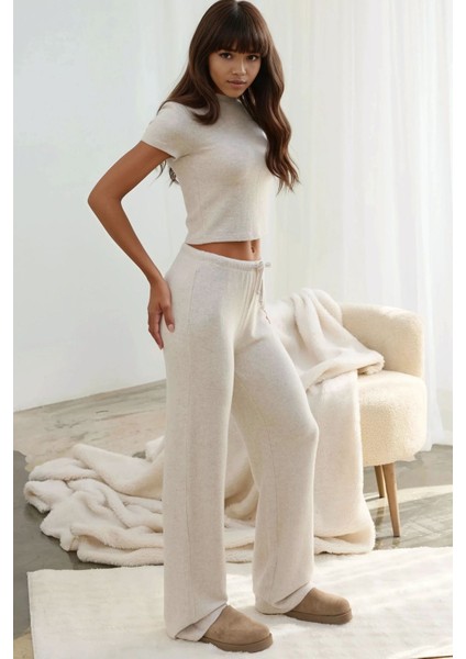 Kadın Bağcıklı Yumuşak Dokulu Örme Pantolon Krem Doğal