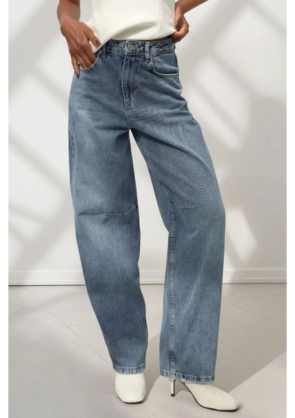 Kadın Baggy Fit Denim Jeans Orta Mavi Denim indirimleri