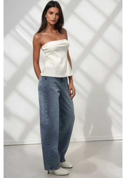 Kadın Baggy Fit Denim Jeans Orta Mavi Denim