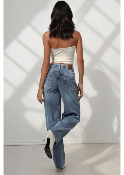 Kadın Baggy Fit Denim Jeans Orta Mavi Denim