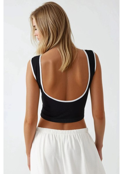 Kadın Fitted Crew Yaka Kontrast Tank Top Busem Collection Siyah