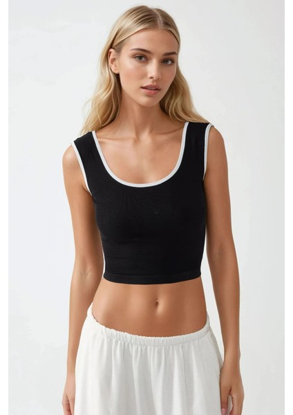 Kadın Fitted Crew Yaka Kontrast Tank Top Busem Collection Siyah