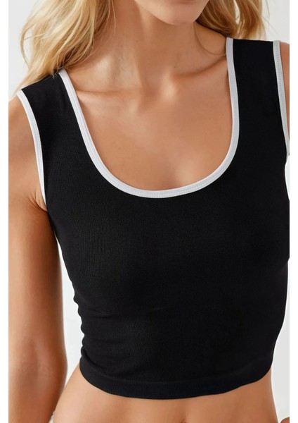Kadın Fitted Crew Yaka Kontrast Tank Top Busem Collection Siyah