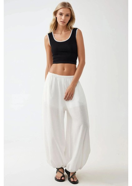 Kadın Fitted Crew Yaka Kontrast Tank Top Busem Collection Siyah