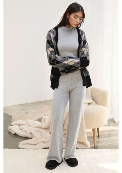 Kadın Elastik Bel Yumuşak Dokulu Örme Pantolon Açık Gri