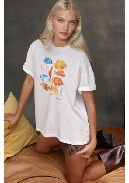 Kadın Kadın %100 Pamuk Bisiklet Yaka Oversize Beyaz Baskılı T-Shirt White