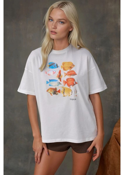 Kadın Kadın %100 Pamuk Bisiklet Yaka Oversize Beyaz Baskılı T-Shirt White