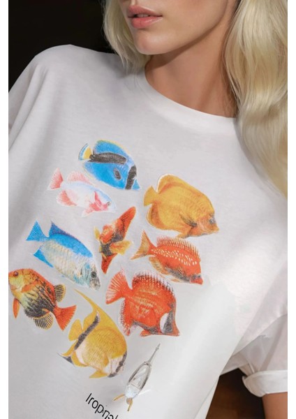 Kadın Kadın %100 Pamuk Bisiklet Yaka Oversize Beyaz Baskılı T-Shirt White