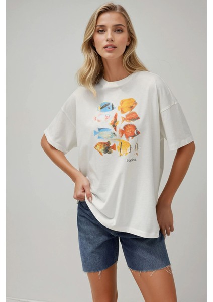 Kadın Kadın %100 Pamuk Bisiklet Yaka Oversize Beyaz Baskılı T-Shirt White