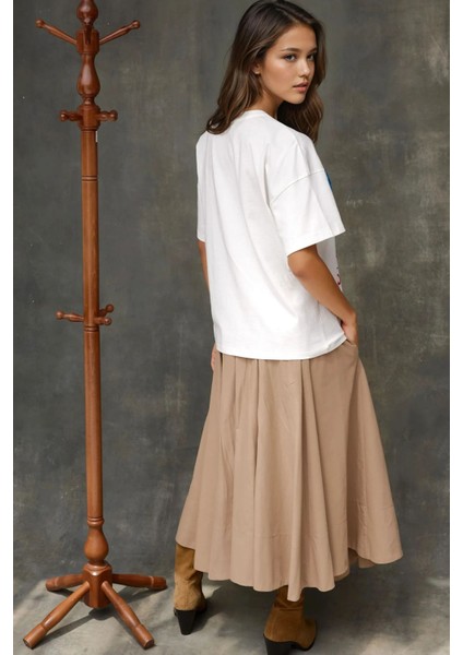 Kadın Kadın %100 Pamuk Bisiklet Yaka Oversize Beyaz Baskılı T-Shirt Kırmızı