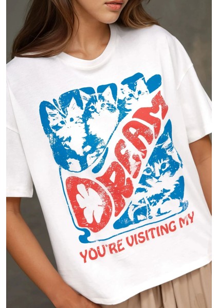 Kadın Kadın %100 Pamuk Bisiklet Yaka Oversize Beyaz Baskılı T-Shirt Kırmızı