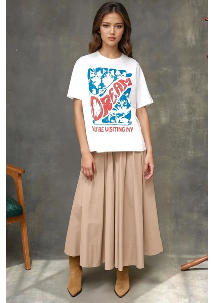 Kadın Kadın %100 Pamuk Bisiklet Yaka Oversize Beyaz Baskılı T-Shirt Kırmızı