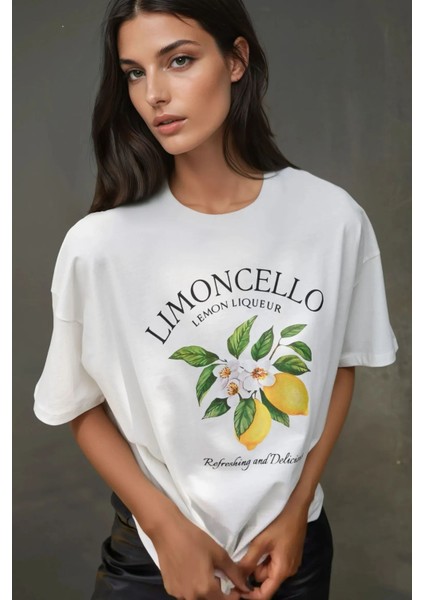 Kadın Kadın %100 Pamuk Bisiklet Yaka Oversize Beyaz Baskılı T-Shirt Yellow