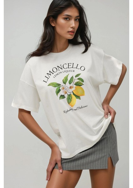 Kadın Kadın %100 Pamuk Bisiklet Yaka Oversize Beyaz Baskılı T-Shirt Yellow