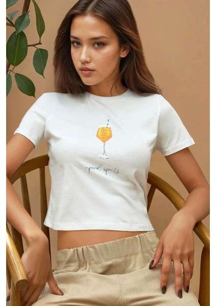 Kadın Baskı Detaylı Regular Fit Bisiklet Yakalı %100 Pamuklu Crop T-shirt White
