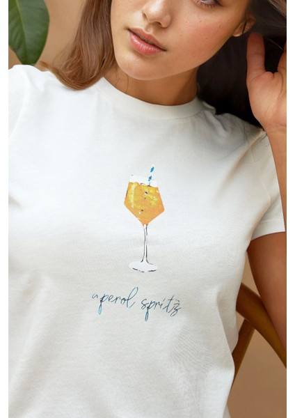 Kadın Baskı Detaylı Regular Fit Bisiklet Yakalı %100 Pamuklu Crop T-shirt White