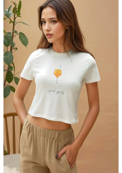 Kadın Baskı Detaylı Regular Fit Bisiklet Yakalı %100 Pamuklu Crop T-shirt White