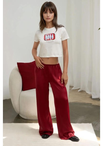 Kadın Baskı Detaylı Regular Fit Bisiklet Yakalı %100 Pamuklu Crop T-shirt Buz Mavisi