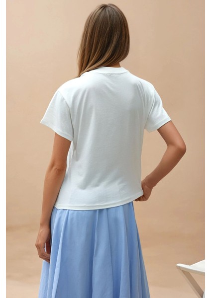 Kadın Baskı Detaylı Regular Fit Bisiklet Yakalı %100 Pamuklu T-shirt Blue