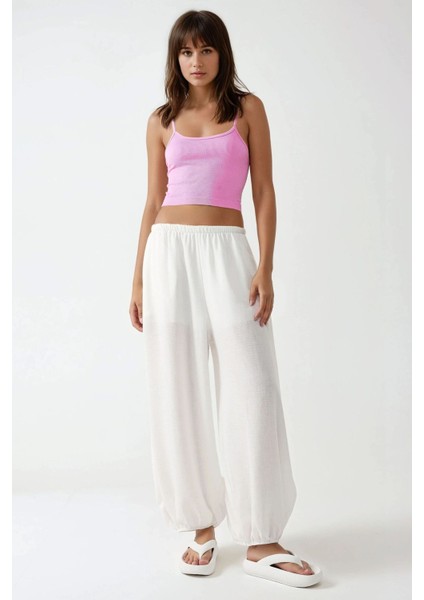 Kadın Düşük Bel Bol Kesim Jogger Pantolon Beyaz
