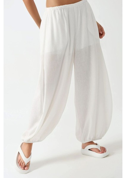 Kadın Düşük Bel Bol Kesim Jogger Pantolon Beyaz
